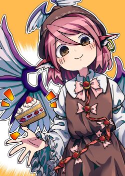 1girl animal_ears bird_ears bird_wings blush brown_dress brown_eyes cake closed_mouth dress earrings feathered_wings food frilled_sleeves frills happy hat highres jewelry kusiyan long_sleeves looking_at_viewer mob_cap mystia_lorelei pink_hair shirt short_hair single_earring smile solo strawberry_shortcake touhou upper_body white_shirt white_wings winged_hat wings