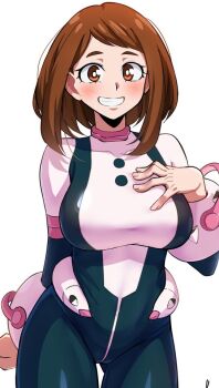 1girl black_bodysuit bodysuit boku_no_hero_academia female_focus looking_at_viewer multicolored_bodysuit solo superhero_costume tenchi_24 uraraka_ochako uraraka_ochako_(hero_outfit)
