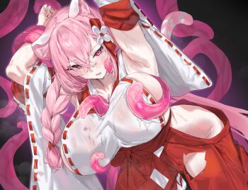 1girl absurdres animal_ears armpits black_background blush braid breasts character_request cleavage clothing_cutout commentary_request copyright_request crossed_bangs fingernails flower foot_out_of_frame hair_between_eyes hair_flower hair_ornament hakama hakama_pants highres hip_vent huge_breasts japanese_clothes krabking long_hair looking_at_viewer pants parted_lips pink_eyes pink_hair red_hakama restrained ribbon_trim sandals sideboob simple_background single_braid tabi tail tentacles torn_clothes torn_hakama very_long_hair white_flower zouri