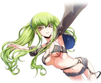 1girl beach bikini black_bikini blue_sky blush breasts c.c. code_geass code_geass:_lost_stories f4samurai game_cg green_hair highres long_hair looking_at_viewer medium_breasts official_art sky smile solo string_bikini summer swimsuit teeth very_long_hair yellow_eyes