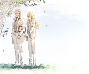 2boys alternate_costume arm_at_side black_necktie blonde_hair blue_ribbon braid carrying carrying_under_arm clipboard closed_mouth clothes_grab collared_shirt commentary day falling_leaves fate/grand_order fate_(series) formal_clothes from_side full_body gold_trim grass grey_vest jacket jacket_grab kirschtaria_wodime leaf long_hair looking_at_another looking_down m-tobiei male_focus marisbury_animusphere medium_hair multiple_boys neck_ribbon necktie no_eyes open_clothes open_jacket outdoors pants parted_bangs ribbon shirt shoes single_braid standing suit tree tree_shade vest white_hair white_jacket white_pants white_shirt white_shoes white_suit