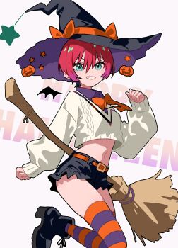 1girl amate_yuzuriha aqua_eyes blush boots bow bowtie breasts broom broom_riding collared_shirt crop_top fuji_(f_ukkami) gundam gundam_gquuuuuux halloween halloween_costume hat highres large_hat long_sleeves looking_at_viewer midriff open_mouth red_hair school_uniform shirt short_hair simple_background skirt smile solo stomach sweater thighhighs white_background witch witch_hat