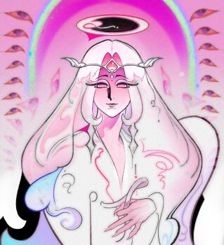 Rule 34 | 1girl, angel, colored skin, commentary, cookie run, cookie run: kingdom, demon girl, dress, eternal sugar cookie, highres, karsin2022, long hair, looking at viewer, pink eyes, pink hair, pink skin, solo, untranslatable commentary