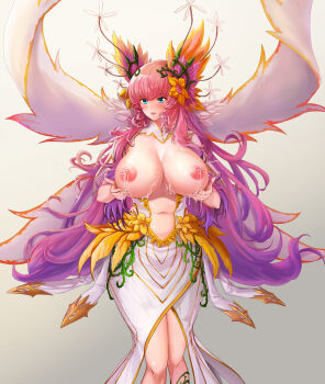 Rule 34 | 1girl, absurdres, blue eyes, blush, breast hold, breasts, breasts out, cleavage, cum, cum on body, cum on breasts, cum on upper body, detached collar, dress, etidekailo, flower, gradient background, hair flower, hair ornament, highres, huge breasts, lactation, large breasts, long hair, multicolored hair, navel, nipples, open mouth, parted lips, pink hair, plant, purple hair, simple background, smile, solo, very long hair, vines, white dress, wings