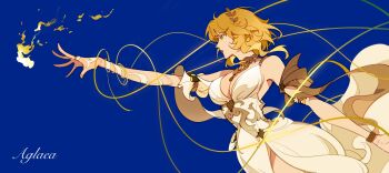 1girl absurdres aglaea_(honkai:_star_rail) bare_shoulders blonde_hair blue_background bracelet breasts cleavage clothing_cutout commentary cowboy_shot dress fire floral_print from_side greco-roman_clothes green_eyes highres honkai:_star_rail honkai_(series) jewelry large_breasts laurel_crown saskeboom short_hair shoulder_cutout thread white_dress