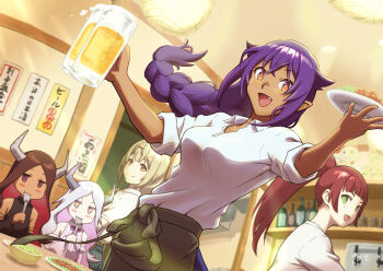 10ttruck 5girls :d alcohol apron beer beer_mug blonde_hair braid breasts bright_pupils ceiling commentary_request cup eating fang fork green_apron green_eyes highres holding holding_cup holding_fork holding_plate horns indoors jahy jahy-sama_wa_kujikenai! jinguu_kyouko long_hair maou_(jahy) mug multiple_girls open_mouth plate ponytail purple_hair smile su_(jahy) table tenchou_(jahy) waist_apron