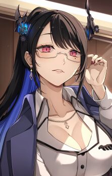 1girl absurdres adjusting_eyewear asymmetrical_horns black_hair blue_hair breasts buttons cleavage collarbone colored_inner_hair commentary demon_horns dress_shirt earrings fingernails flower glasses hand_up high_ponytail highres hololive hololive_english horn_flower horns jacket jacket_on_shoulders jewelry lapels large_breasts lips long_hair long_sleeves looking_at_viewer looking_over_eyewear mole mole_under_eye multicolored_hair nail_polish necklace nerissa_ravencroft nerissa_ravencroft_(casual) nurufufufu office_lady official_alternate_costume official_alternate_hairstyle parted_lips ponytail rectangular_eyewear red_eyes red_nails semi-rimless_eyewear shirt slit_pupils solo suit_jacket under-rim_eyewear uneven_horns upper_body virtual_youtuber white_shirt