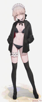 1girl absurdres artist_name artoria_pendragon_(fate) bikini black_bikini black_shoes black_thighhighs blonde_hair breasts breasts_apart commentary_request fate/grand_order fate_(series) frills full_body highres looking_at_viewer maid maid_bikini maid_headdress mary_janes medium_breasts navel saber_alter saber_alter_(swimsuit_rider)_(second_ascension) shoes solo sooon standing swimsuit thighhighs twitter_username unconventional_maid watermark yellow_eyes