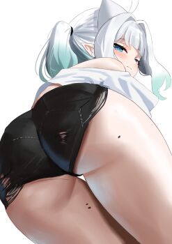 1girl ahoge ass ass_focus black_shorts blue_eyes blunt_bangs blurry blush closed_mouth commentary depth_of_field from_below ghost_hair_ornament gradient_hair green_hair hair_intakes highres indie_virtual_youtuber looking_at_viewer looking_down mint_fantome mint_fantome_(minto_2.0) mole mole_on_ass mole_on_thigh multicolored_hair multiple_moles pants pointy_ears ponytail redi_(rasec_asdjh) shirt short_shorts shorts side_ponytail simple_background solo symbol-only_commentary torn_clothes torn_pants torn_shorts triangular_headpiece virtual_youtuber white_background white_hair white_shirt