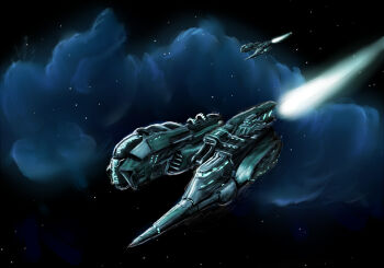 cloud cloud_background commentary concept_art dark_background destroyer_(eve_online) english_commentary eve_online flying gallente_federation_(eve_online) glowing military_vehicle nebula no_humans novafox original outdoors science_fiction space spacecraft star_(sky) starry_sky_background vehicle_focus