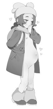 1girl absurdres ansha_(pokemon) backpack bag big_belly blush braid closed_mouth coat commentary_request djheycha flat_chest full_body greyscale hat heart highres inverted_nipples loli monochrome nintendo open_clothes open_coat pokemon pokemon_legends:_z-a pregnant simple_background smile solo standing white_background