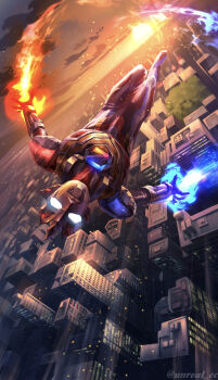 1boy alien armor black_skin blue_skin breastplate building city cityscape cloud cloudy_sky color_timer colored_skin commentary compound_eyes cryokinesis dorsal_fin fire flying full_body giant giant_male glowing glowing_eyes highres knee_up light_particles looking_ahead male_focus midair mixed-language_commentary multicolored_skin no_pupils outdoors pectorals pyrokinesis red_skin shoulder_armor shoulder_pads silver_skin sky skyscraper solo sun sunset tokusatsu toned toned_male twitter_username ultra_series ultraman_z ultraman_z_(series) ultraman_z_(sigma_breaster) unreal_es white_eyes