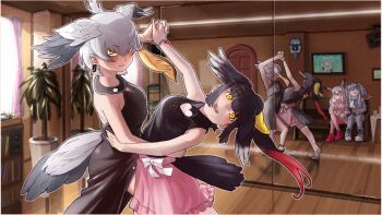 5girls absurdres african_elephant_(kemono_friends) alternate_costume arm_up backless_dress backless_outfit bare_arms bare_shoulders bird_girl bird_tail bird_wings black_dress black_shirt bow clock clothing_cutout cropped_shirt crossed_arms curtains dance_studio dancing dress drooling earrings flat_screen_tv floating_hair flower_pot greater_flamingo_(kemono_friends) green_eyes grey_hair hand_on_another&#039;s_waist head_wings heart_cutout high_ponytail highres holding_hands hoop_earrings indoors jacket jewelry kemono_friends kemono_friends_3 long_hair long_sleeves looking_at_another lucky_beast_(kemono_friends) miniskirt mirai_(kemono_friends) mirror mouth_drool multicolored_hair multiple_girls necktie orange_hair pantyhose phonograph pink_skirt plant ponytail potted_plant red_hair reflection saddlebilled-stork_(kemono_friends) scarf shirt shoebill_(kemono_friends) shoes shorts side_ponytail sitting skirt sleeveless sleeveless_shirt speaker tail television thighhighs tiptoes toriny wall_clock white_bow window wings wooden_floor yellow_eyes