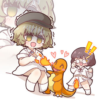 ! !! 2girls :d :o adjusting_eyewear aged_down black_hat blonde_hair blue_bow blue_bowtie bow bowtie breath_weapon breathing_fire brume_(reverse:1999) celia_(reverse:1999) charmander collared_dress commentary_request dress empty_eyes fire gen_1_pokemon glasses hat heart highres long_sleeves looking_at_creature multiple_girls neck_ribbon newsboy_cap nijiiro_diary nintendo opaque_glasses open_mouth pokemon pokemon_(creature) reverse:1999 ribbon round_eyewear short_sleeves sitting smile socks standing trembling white_background white_dress white_socks yellow_eyes zoom_layer