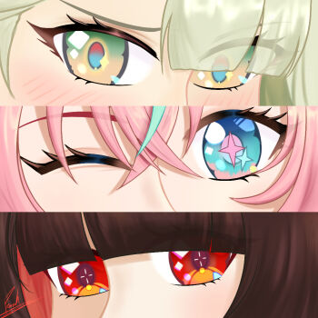 Rule 34 | 3girls, angels of delusion, aria (zenless zone zero), black hair, blue eyes, blush, crossed bangs, eye focus, farah (user cega5857), green eyes, green hair, hair between eyes, multicolored eyes, multiple girls, nangong yu, one eye closed, orange eyes, pink hair, sparkling eyes, sunna (zenless zone zero), two-tone eyes, zenless zone zero