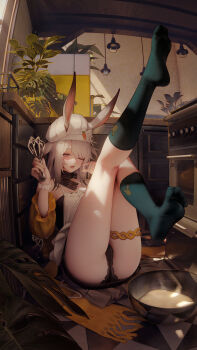 1girl absurdres animal_ears apron arknights bare_shoulders binggong_asylum black_dress black_panties breasts commentary_request dress ears_through_headwear feet fingernails food green_socks grey_eyes grey_hair hat highres holding holding_whisk indoors jewelry kitchen lace lace-trimmed_panties lace_trim legs_up medium_breasts medium_hair official_alternate_costume one_eye_closed open_mouth panties savage_(arknights) savage_(secret_family_recipe)_(arknights) sitting socks solo thighlet thighs underwear whisk white_hat yawning