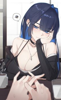 1girl 1other absurdres alternate_costume black_bra black_cardigan black_choker black_hair blue_eyes blue_hair blurry blurry_foreground bra bra_peek breasts cardigan choker cleavage coffee colored_inner_hair commentary hair_intakes highres hololive hololive_english hunk_404 indoors jewelry large_breasts long_hair looking_at_viewer multicolored_hair necklace off_shoulder ouro_kronii pov pov_hands ribbed_cardigan sitting solo_focus speech_bubble underwear untranslatable_commentary virtual_youtuber