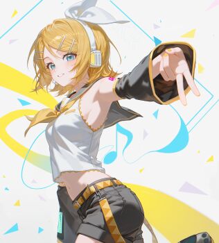 1girl absurdres arm_at_side armpits belt black_sailor_collar black_shorts black_sleeves blonde_hair blue_eyes blush bow breasts commentary cowboy_shot crop_top detached_sleeves eighth_note frilled_shirt frills from_side hair_between_eyes hair_bow hair_ornament hairclip hand_up headset highres kagamine_rin looking_at_viewer medium_breasts midriff musical_note nail_polish navel neckerchief number_tattoo outstretched_arm parallel_hairclips sailor_collar shirt short_hair short_shorts shorts shoulder_tattoo sidelocks sleeveless sleeveless_shirt smile solo tattoo treble_clef turning_head v vocaloid water_human white_bow white_shirt wide_sleeves yellow_belt yellow_nails yellow_neckerchief yellow_trim