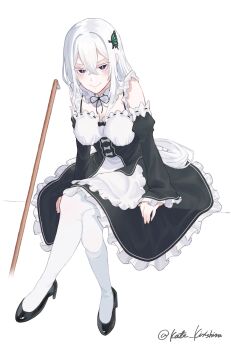 1girl absurdres alternate_costume apron artist_name black_dress breasts broom butterfly_hair_ornament cleavage closed_mouth colored_eyelashes commentary_request crossed_legs detached_sleeves dress echidna_(re:zero) enmaided frills full_body grey_hair hair_between_eyes hair_ornament high_heels highres impasto kirishima_kate large_breasts long_hair long_sleeves looking_at_viewer maid pantyhose purple_eyes re:zero_kara_hajimeru_isekai_seikatsu ribbon ribbon_trim roswaal_mansion_maid_uniform simple_background sitting smile solo very_long_hair white_background white_hair white_pantyhose witch