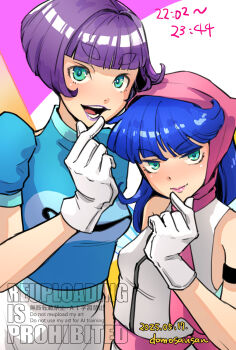 2girls blue_hair blunt_bangs blunt_ends breasts commentary_request dated demon_(megami_tensei) devil_summoner:_soul_hackers devil_summoner_(game) devil_summoner_(series) gloves green_eyes headscarf highres looking_at_viewer medium_hair megami_tensei multiple_girls open_mouth pink_headscarf pink_lips pixie_(megami_tensei) purple_hair purple_lips shinabita_nasubi short_hair small_breasts smile v-shaped_eyebrows watermark white_gloves