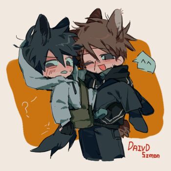 Rule 34 | 2boys, ;d, afraid of monsters, animal ears, bag, black eyes, black gloves, black hair, black hoodie, brown hair, carrying, character name, clenched teeth, creator connection, crossover, cry of fear, david leatherhoff, fingerless gloves, full body, gloves, grey hoodie, half-closed eye, highres, hood, hood down, hood up, hoodie, kemonomimi mode, looking at viewer, male focus, multiple boys, one eye closed, open mouth, princess carry, scar, scar on face, short hair, shoulder bag, simon henriksson, smile, striped clothes, striped hoodie, sweatdrop, tail, teeth, wolf ears, wolf tail, xinlv327