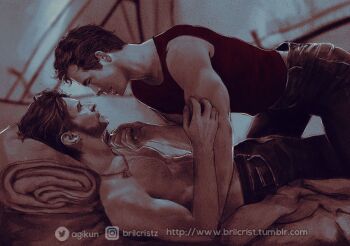 2boys abs all_fours arm_hair belt bone boy_on_top brilcrist brown_hair chest_hair deadpool dog_tags facial_hair holding_dog_tags instagram_username looking_at_another lying male_focus marvel multiple_boys muscular muscular_male necklace_pull nipples on_back pants pectorals short_hair sleeveless tank_top teeth topless_male tumblr_username twitter_username wolverine_(x-men) x-men x-men_film_series x-men_origins:_wolverine yaoi