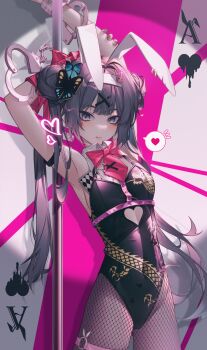 1girl 2no_(pixiv75196219) :q absurdres ace_(playing_card) ace_of_hearts adapted_costume alternate_costume animal_ears armlet armpits arms_behind_head arms_up bare_shoulders black_hair black_leotard blue_archive blush bow bowtie braid braided_bun breasts butterfly_hair_ornament card closed_mouth clothing_cutout covered_navel cuffs cutout_above_navel detached_collar double_bun dragon_print fake_animal_ears fishnet_pantyhose fishnets gluteal_fold grey_eyes grey_halo hair_bun hair_ornament hairband halo handcuffed handcuffs heart heart_cutout highleg highleg_leotard highres jewelry kisaki_(blue_archive) leotard licking_lips loli long_hair looking_at_viewer necktie o-ring o-ring_thigh_strap pantyhose pink_bow pink_bowtie pink_necktie playboy_bunny playing_card pole polearm rabbit_ears rabbit_hole_(vocaloid) revision small_breasts smile solo spoken_heart standing strapless strapless_leotard stripper_pole teardrop_facial_mark thigh_strap thighs tongue tongue_out twintails very_long_hair weapon white_hairband