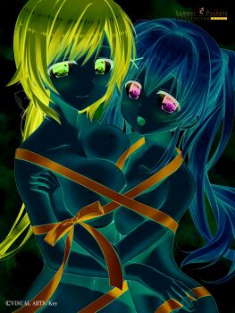 2girls :d absurdres asymmetrical_docking blonde_hair blue_bow blue_ribbon blush bow breast_press breasts cleavage closed_mouth collarbone company_name copyright_name eyelashes from_side green_eyes hair_between_eyes hair_bow hair_intakes hair_ornament highres hug large_breasts long_hair looking_at_viewer low_ponytail mizuori_shizuku multiple_girls nagayama_yuunon naked_ribbon navel official_art open_mouth pink_background ponytail purple_eyes purple_hair ribbon ringed_eyes shiny_skin sideboob simple_background small_breasts smile summer_pockets tsumugi_wenders twintails upper_body white_bow x_hair_ornament