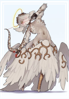 1girl absurdres angel arrow_(projectile) blush bow bow_(weapon) breasts closed_mouth collar colored_extremities commentary_request cupid drawing_bow ekrea_jan full_body hair_over_one_eye halo head_wings highres holding holding_bow_(weapon) holding_weapon laurel_crown looking_at_viewer low_wings medium_hair monster_girl navel one_eye_covered original short_hair simple_background small_breasts smile solo standing stomach weapon white_background white_hair white_wings wings wreath yellow_eyes yellow_halo