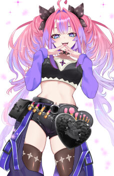 +_+ 1girl ahoge belt belt_pouch black_belt black_bra black_ribbon black_shorts blue_eyes blush bra bra_over_clothes breasts brown_thighhighs collarbone commentary cosmetics fingernails hair_intakes hair_ribbon highres hololive hololive_dev_is kikirara_vivi lipstick_tube long_hair long_sleeves makeup_brush multicolored_hair nail_polish navel open_mouth own_hands_together pants pink_hair pink_nails pouch purple_belt purple_hair purple_pants ribbon shirt shorts simple_background smile solo sparkle_print stomach thighhighs thighs twintails two-tone_hair underwear virtual_youtuber white_background white_shirt yappy_(yapis_company)