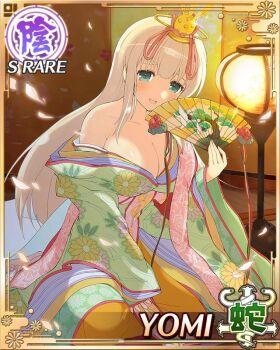 1girl aqua_eyes blonde_hair border breasts cleavage crown game_cg green_kimono hair_ornament hairclip hand_fan hinamatsuri indoors japanese_clothes kimono large_breasts long_hair non-web_source official_alternate_costume official_art open_mouth petals senran_kagura senran_kagura_new_wave sitting smile solo yomi_(senran_kagura)