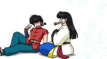 2boys black_hair bottle braid braided_ponytail chinese_clothes flower glasses multiple_boys one_eye_closed ranma_1/2 saotome_ranma shampoo_(ranma_1/2) simple_background soda_bottle tangzhuang wanta_(futoshi) white_background