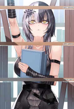 1girl arm_strap arm_up armpits black_arm_warmers black_dress black_hair book bookshelf breasts closed_mouth dress grey_hair highres holding holding_book hololive hololive_english large_breasts long_hair misa_pika multicolored_hair shiori_novella shiori_novella_(1st_costume) solo split-color_hair striped_arm_warmers two-tone_hair virtual_youtuber yellow_eyes