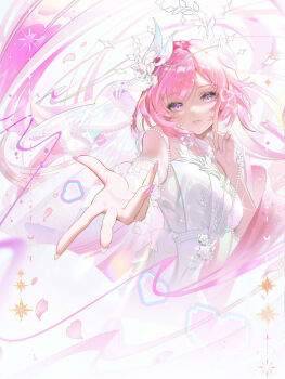 1girl absurdres alternate_costume bare_shoulders breasts commentary cyrene_(demiurge)_(honkai:_star_rail) cyrene_(honkai:_star_rail) diamond-shaped_pupils diamond_(shape) dress fingernails hair_ornament hand_up heart highres honkai:_star_rail honkai_(series) index_finger_raised jie_xiaoming long_fingernails long_hair looking_at_viewer medium_breasts nail_polish offering_hand parted_lips pink_hair pink_nails purple_eyes smile solo symbol-shaped_pupils very_long_hair white_dress