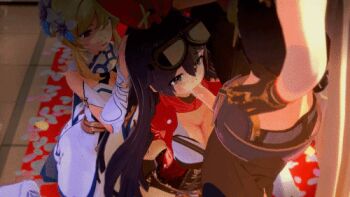 Rule 34 | 1boy, 2girls, 3d, aether (genshin impact), amber (genshin impact), animated, animated gif, arms behind back, assisted fellatio, assisted rape, bare shoulders, bisexual female, blonde hair, breasts, brown eyes, brown hair, cleavage, dress, fatcat, fellatio, female collaborator, flower, genshin impact, gloves, goggles, hair flower, hair ornament, hair ribbon, hand on another's head, head out of frame, indoors, irrumatio, lowres, lumine (genshin impact), medium breasts, multiple girls, oral, penis, red ribbon, ribbon, sexual coaching, siblings, white dress, yellow eyes