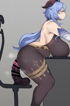 1girl alternate_breast_size_(larger) armpits ass backless_outfit bare_shoulders bell belly_rest black_bodysuit blue_hair blush bodice bodysuit breast_rest breasts breasts_on_table censored chair chamchami cowbell curvy desk detached_sleeves dildo dildo_reveal dildo_riding facing_to_the_side female_masturbation ganyu_(genshin_impact) genshin_impact goat_horns half-closed_eyes highres horns horse_dildo huge_breasts huge_dildo long_hair masturbation office_chair on_desk on_table plump purple_eyes pussy_juice pussy_juice_trail raised_eyebrows sex_toy sitting solo squatting swivel_chair table thick_eyebrows thick_thighs thighs vaginal