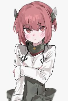 1girl anchor_ornament aogisa brown_eyes brown_hair collar cosplay headband headgear highres kantai_collection looking_at_viewer metal_collar shirt short_hair simple_background solo taihou_(kancolle) taihou_(kancolle)_(cosplay) upper_body white_background white_shirt z3_max_schultz_(kancolle)