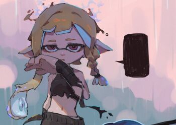 Rule 34 | 1boy, 1girl, arm up, black pants, black shirt, blank speech bubble, blonde hair, braid, inkling, inkling boy, inkling girl, inkling player character, long hair, looking at viewer, lu 3sea, midriff, navel, nintendo, pants, pointy ears, red eyes, shirt, single braid, solo focus, speech bubble, splatoon (series), splatoon 3, standing, straight-on, tentacle hair, torn clothes, torn shirt