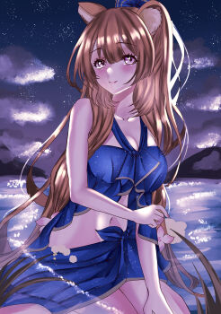1girl absurdres animal_ear_fluff animal_ears bare_arms bare_legs bikini black_sky blue_bikini blush breasts brown_hair cleavage closed_mouth cloud cloudy_sky collarbone commentary_request flower grass hair_flower hair_ornament highres kuroshiro030 large_breasts long_hair looking_at_viewer messy_hair midriff navel night official_alternate_costume on_ground outdoors partial_commentary pink_eyes pink_flower raccoon_ears raccoon_girl raphtalia sitting sky smile solo star_(sky) starry_sky swimsuit tate_no_yuusha_no_nariagari wariza