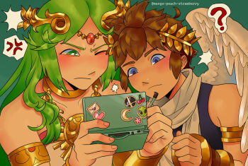 1boy 1girl ? absurdres ahoge angel angel_wings anger_vein blue_eyes brown_hair chain circlet collarbone gold_chain green_background green_eyes green_hair handheld_game_console heart highres holding holding_handheld_game_console holding_stylus kid_icarus kid_icarus_uprising kid_icarus_uprising_tutorial_redraw_(meme) laurel_crown mango-peach-strawberry meme nintendo nintendo_3ds one_eye_closed palutena pit_(kid_icarus) sticker stylus super_smash_bros. super_smash_bros._logo tumblr_username wings
