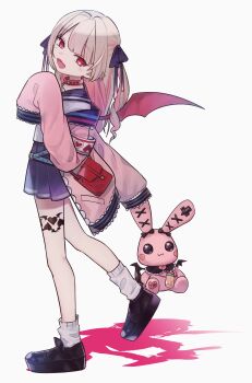 1girl absurdres aqua_belt armband asymmetrical_legwear bag belt belt_collar black_shoes blue_ribbon blue_sailor_collar blue_skirt blush collar colored_inner_hair debitto_(makaino_ririmu) demon_wings drill_hair fangs from_side full_body grey_hair hair_intakes hair_over_shoulder hair_ribbon hand_up handbag heart highres holding holding_stuffed_toy hotasasa38 jacket leaning_back leg_tattoo long_hair looking_back loose_belt loose_socks makaino_ririmu makaino_ririmu_(4th_costume) miniskirt multicolored_hair nijisanji off_shoulder open_clothes open_jacket open_mouth pink_hair pink_jacket pink_streaks platform_shoes pleated_skirt pointy_ears red_bag red_collar red_eyes red_wings ribbon sailor_collar school_uniform serafuku shadow shirt shoes shoulder_bag sidelocks simple_background skirt sleeves_past_fingers sleeves_past_wrists smile socks solo standing standing_on_one_leg streaked_hair stuffed_animal stuffed_rabbit stuffed_toy tattoo two-tone_hair two_side_up uneven_legwear virtual_youtuber white_background white_shirt white_socks winged_heart winged_heart_tattoo winged_shoes wings