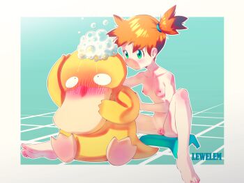 Rule 34 | 1girl, 1other, artist name, barefoot, blush, breasts, breasts apart, bubble, cleft of venus, closed mouth, completely nude, feet, gen 1 pokemon, green eyes, hair tie, highres, knee up, lewlem, misty (pokemon), nintendo, nipples, nude, orange hair, pokemon, pokemon (anime), pokemon (classic anime), pokemon (creature), psyduck, pussy, sandals, short hair, side ponytail, sitting, small breasts, soles, spread legs, thighs, tile floor, tiles, toes, topless, uncensored