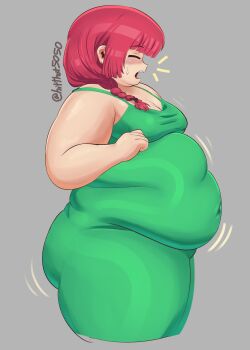 1girl belly big_belly blunt_bangs blush bocchi_the_rock! braid breasts cleavage closed_eyes covered_navel dress earrings fat fat_rolls fat_woman from_side green_dress hair_over_shoulder hiroi_kikuri hitthat5050 jewelry medium_hair open_mouth red_hair sharp_teeth single_braid sleeveless sleeveless_dress small_breasts solo standing teeth thick_arms tight_clothes tight_dress twitter_username