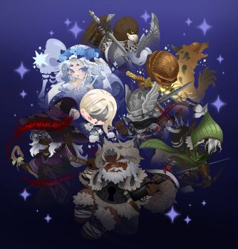 3girls 5boys absurdres animal_head armor axe beard bird_boy black_dress black_gloves black_hat black_pants black_scarf blonde_hair blue_background blue_eyes bow_(weapon) braid breastplate constance_(angeliccarousel) covered_eyes dark-skinned_female dark-skinned_male dark_skin doll_joints dress duchess_(elden_ring) elden_ring elden_ring_nightreign executor_(elden_ring) eye_mask facial_hair flower_wreath gloves green_hood green_jacket grin guardian_(elden_ring) hat helmet highres holding holding_axe holding_bow_(weapon) holding_instrument holding_knife holding_lyre holding_staff holding_sword holding_weapon instrument ironeye_(elden_ring) jacket joints katana knife long_hair low_twin_braids lyre mask multiple_boys multiple_girls open_mouth pants pauldrons recluse_(elden_ring) red_eyes revenant_(elden_ring) robe scarf shoulder_armor skeleton smile staff sword teeth twin_braids veil weapon white_hair white_robe wide_sleeves winged_helmet wings witch wylder_(elden_ring)