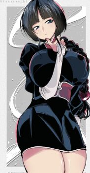 1girl artist_name black_hair bleach bleach:_sennen_kessen-hen braid braided_ponytail breasts closed_mouth female_focus kinakomochi_(user_vedc2333) kurotsuchi_nemu large_breasts legs_together long_hair shiny_skin simple_background solo solo_focus standing thighs