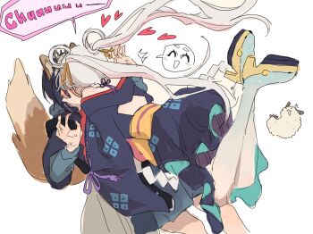 Rule 34 | 2girls, ^ ^, absurdres, anger vein, animal ear hairband, animal ears, bare shoulders, black hair, blue hoodie, blush, cho kaguya-hime!, closed eyes, eardoor 1022, fake animal ears, fox ears, fox tail, hair ornament, hair rings, hair stick, hairband, hashtag-only commentary, heart, highres, hood, hoodie, japanese clothes, kiss, long hair, long sleeves, medium hair, multicolored hair, multiple girls, open mouth, runami yachiyo, sakayori iroha, sea slug, spoken kaomoji, sweat, tail, two-tone hair, very long hair, white background, white hair, yuri