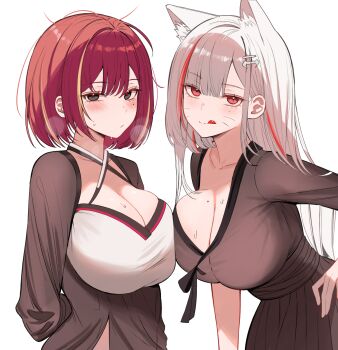 2girls akane_lize animal_ear_fluff animal_ears arm_behind_back blush breasts brown_dress brown_hair character_request cleavage closed_mouth collarbone commentary_request dress grey_eyes grey_hair hair_ornament hand_on_own_hip highres large_breasts leaning_forward long_hair long_sleeves multicolored_hair multiple_girls pleated_dress red_eyes red_hair short_hair simple_background stellive streaked_hair sweat talnory very_long_hair virtual_youtuber white_background