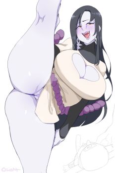 0lightsource 1boy 1girl absurdres black_hair blush breasts bulge cameltoe cleavage cleavage_cutout clothing_cutout earrings erection erection_under_clothes eyelashes fangs fingernails genderswap genderswap_(mtf) hand_on_own_knee heart_cutout highres jewelry kneepits large_breasts lips long_hair long_sleeves naruto_(series) open_mouth orochimaru_(naruto) pale_skin panties partially_visible_vulva purple_panties rope shimenawa shiny_skin sidelocks signature simple_background slit_pupils solo_focus split standing standing_on_one_leg standing_split thick_thighs thighs thong tongue underwear white_background yellow_eyes