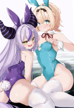 2girls ahoge animal_ear_hairband animal_ears aqua_eyes berosu black_horns blonde_hair blush bow bowtie braid braided_bangs breasts covered_navel demon_girl demon_horns detached_collar fake_animal_ears grey_hair hair_between_eyes hairband hololive horns huge_horns kazama_iroha la+_darknesss leotard long_hair looking_at_viewer multicolored_hair multiple_girls open_mouth playboy_bunny pointy_ears ponytail purple_hair purple_horns rabbit_ears rabbit_tail smile strapless strapless_leotard streaked_hair striped_horns tail thighhighs very_long_hair virtual_youtuber white_thighhighs wrist_cuffs yellow_eyes