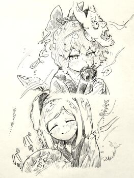 Rule 34 | 2girls, absurdres, alternate costume, blush, bow, candy apple, cirno, closed eyes, closed mouth, commentary request, commission, daiyousei, detached wings, eating, fairy, fairy wings, fanning, food, hair bow, hand fan, happi, highres, holding, holding candy apple, holding fan, holding food, ice, ice wings, japanese clothes, mask, mask on head, menotama, multiple girls, one side up, skeb commission, summer festival, sweat, touhou, traditional media, translation request, wings